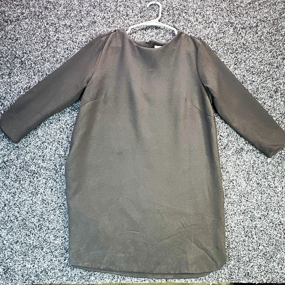 H&M Women’s Black Solid Shift Dress Round Neck 3/4 Sleeve Knee Zip Stretch 14